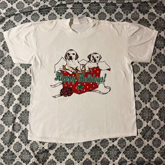 VTG 90s Happy Holidogs Holiday Christmas Festive Single Stitch White Tee XL - Picture 1 of 6